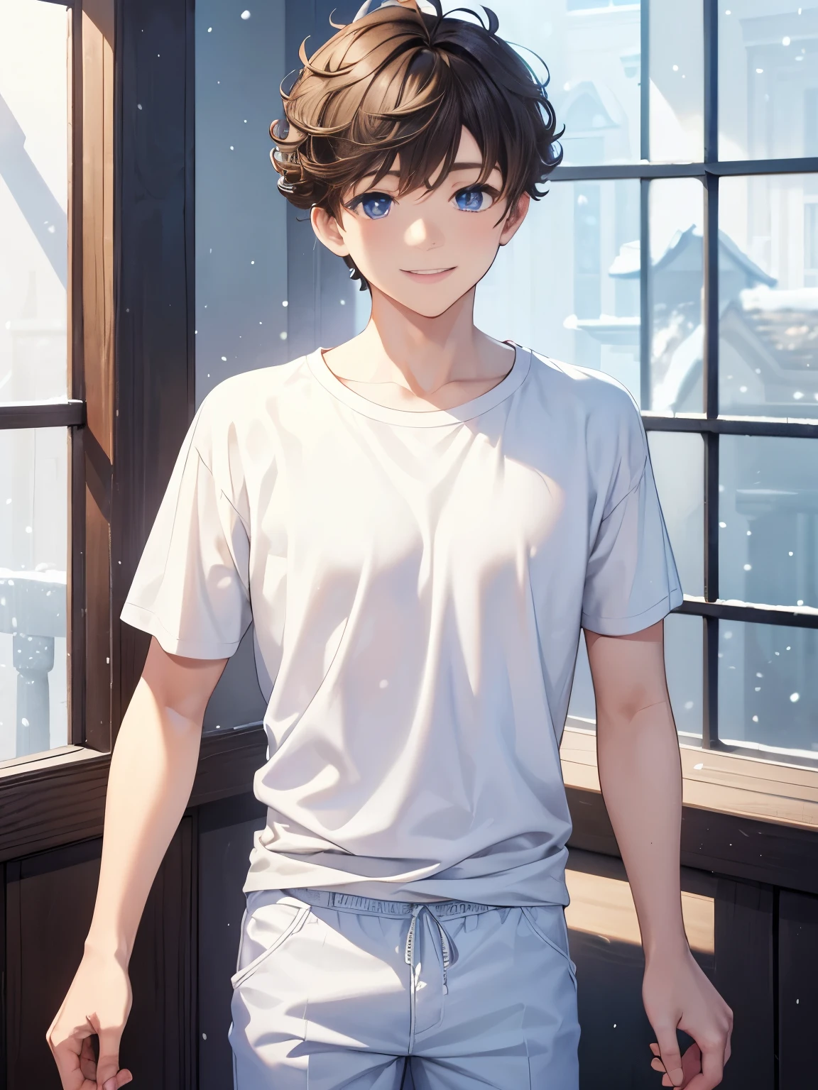 1boy,guy,snowing,Hands crossed,standing,smile,blue eyes,half body photo,18 years old,Curly hair,medium hair,undercut hairstyle,light brown hair,Plain t-shirt, white t-shirt,white trousers,morning,ultra detail,masterpiece