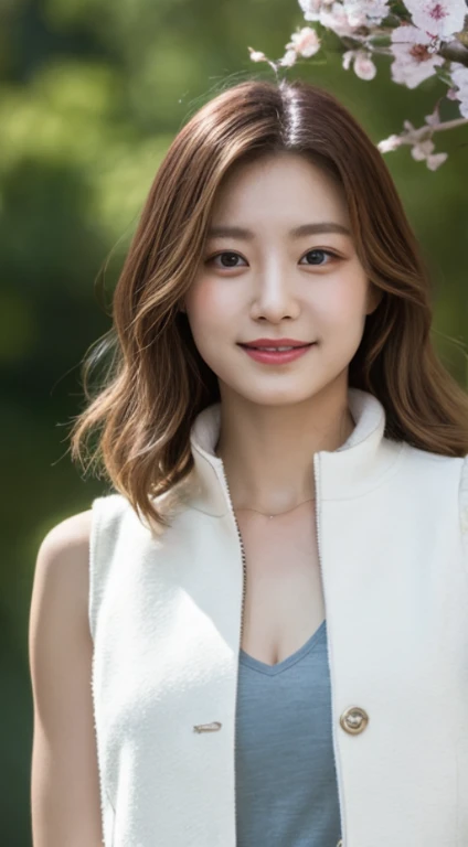Cherry tree、Long Gilet、open chest、I'm not wearing anything inside、whole body、NiziUAYAKA、 4K、1people's women、slender、 Loose wavy styling 、seductive and attractive、Including face and skin texture.,detailed eyes、A soothing expression with a smile