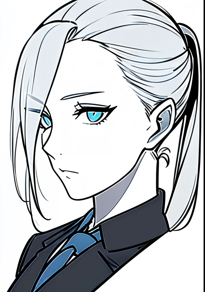 One Young Adult female, pale blonde slicked back into a short ponytail with a single bang on the left hand side, steel blue eyes, light and carefree expression, wearing black suit jacket and tie, portrait style, facing forwards