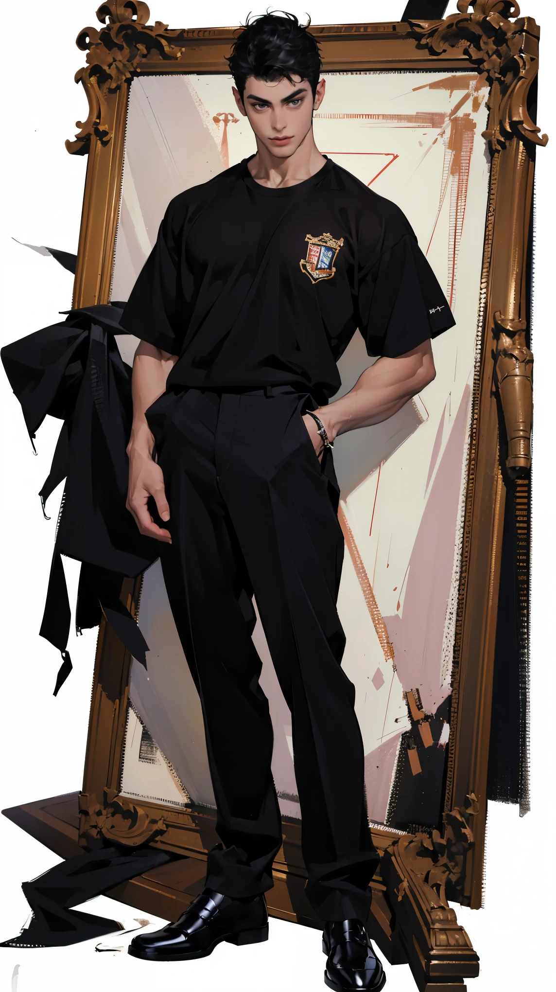 ((best quality,4k,highres,masterpiece:1.2)),((character concept art)), 1 male, age male, High School Athlete, ((short black hair)), black hair, (fair skin colour), ultra finely detailed eyes (black eyes colour), handsome, athletic, schoolboy, lean muscular body build, ((intricate detail)), super finely detailed hands, ultra finely detailed fingers(((ten fingers))), wearing white short sleeves school shirt, black school pants, black school loafers, (standing confidently), (full body showcase), (show full body), (no logos on background), (no logo), ((plain background)), ((plain background)), (((empty background)))