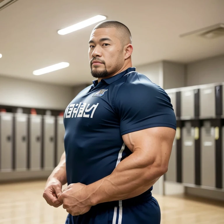 inside club locker room, facing each other, (rugby uniform:1.2), Japanese man, Chinese man, Korean man, Taiwanese man, manly face, round face, monolid eyes, (buzz cut:1.4), very large and strong body, bulging muscles, very large pectoral muscles, muscular arms, muscular abs, muscular legs, muscular back, brightens oily skin, master piece, realistic, panorama, distant view