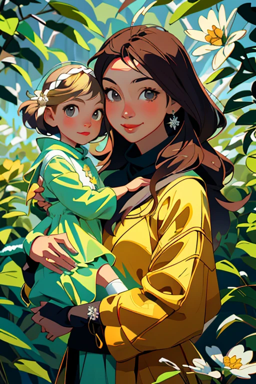 (obra de arte, Melhor qualidade), Photo of mother and daughter with blonde hair, olhando para o espectador, feliz, Na floresta canadense, with snow and typical snow clothes, no inverno 
