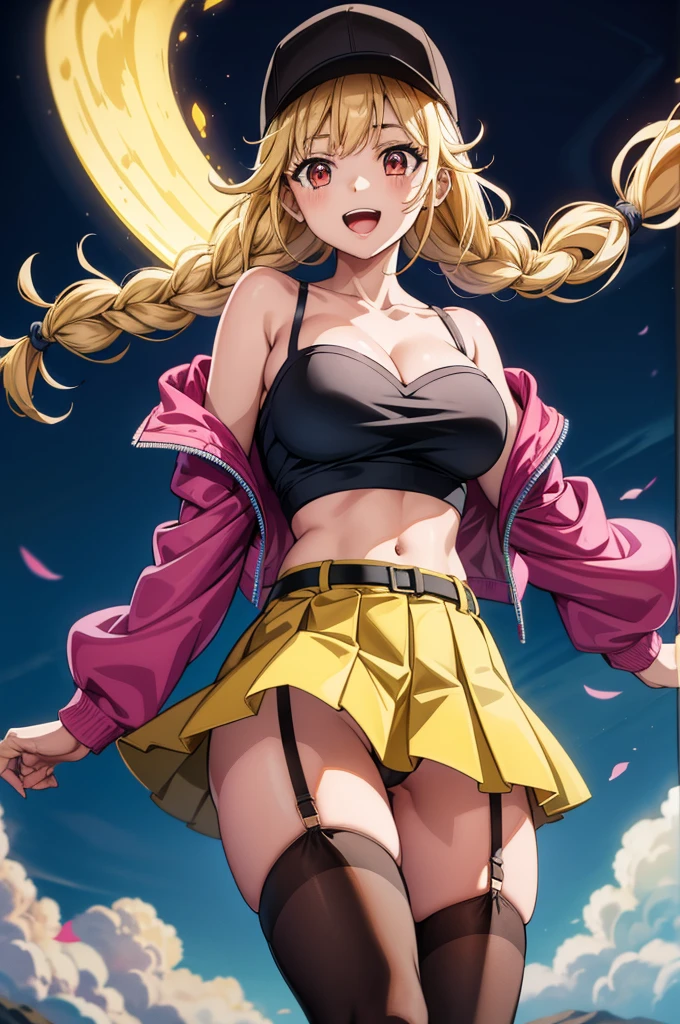 a woman wearing a yellow and blue outfit is standing with a frisbee, 1girl, breasts, solo, skirt, garter straps, navel, blonde hair, thighhighs, smile, jacket, off shoulder, long hair, braid, open clothes, yellow skirt, cleavage, bare shoulders, open mouth, red eyes, skindentation, midriff, stomach, open jacket, looking at viewer, belt, long sleeves, miniskirt, pleated skirt, large breasts, sleeveless, pink jacket, cowboy shot, crop top, black thighhighs, :d, black shirt,baseball cap