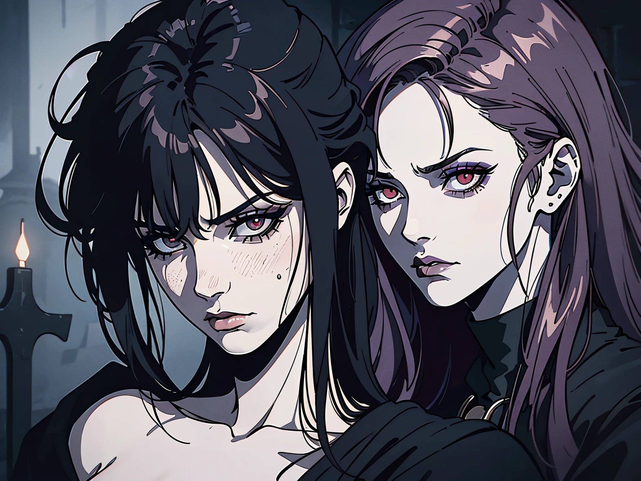 (best quality,4k,8k,highres,masterpiece:1.2),ultra-detailed,(realistic,photorealistic,photo-realistic:1.37),goth anime girl,90s anime,gothic,1woman,dark church,red eyes,dark ambient,low saturation,anime style,pale skin,long flowing hair,gothic clothing,silhouette,surreal background,mysterious atmosphere,intense emotions,melancholic expression,dim candlelight,lens flare,dramatic shadows,symbolic elements,heavy makeup,pale and dark colors,misty fog,ethereal beauty,subtle texture