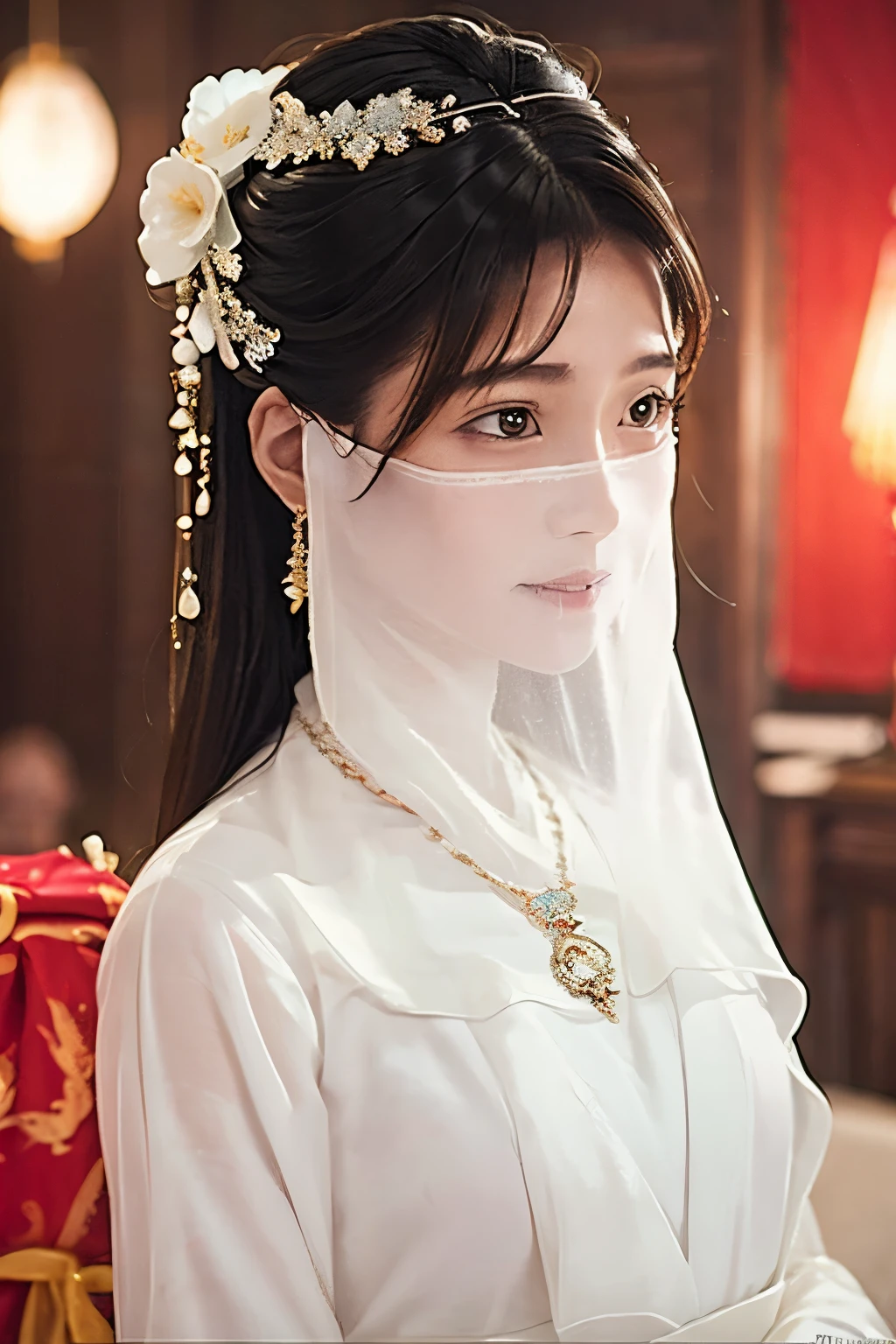 Head close-up（（（Eyes are very delicate）））（（（hair accessories）））（（（veil））），necklace，Wearing a white transparent sexy silk dress， ((skin glowing))The room is filled with Chinese New Year decorations（（（masterpiece）））， （（best quality））， （（intricate details））， （（Surreal））（8K）