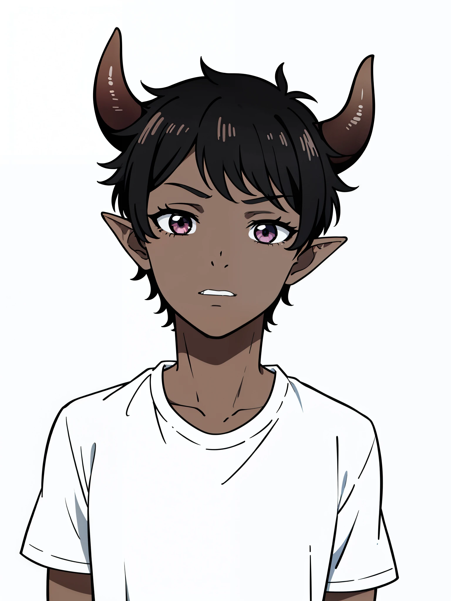1boy,8 years old,solo,scared,,((dark skin)),white shirt,short sleeves,black hair,elf ears,(horns),(white background,line drawing),portrait,eyes half closed