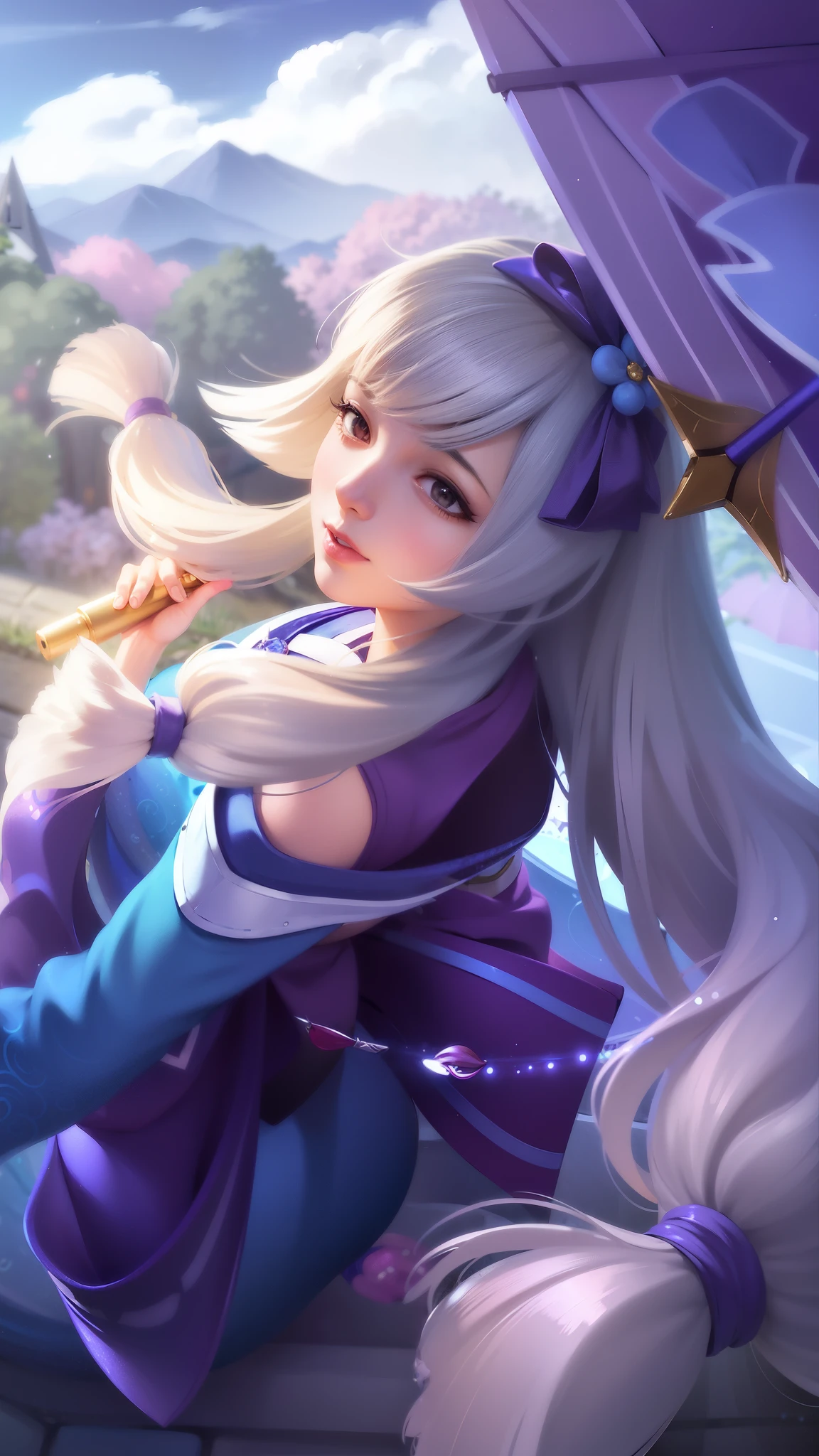 anime girl with long white hair sitting on a rock with a purple umbrella, portrait of ahri, ahri, official splash art, seraphine ahri kda, ashe, splash art, extremely detailed artgerm, onmyoji portrait, artgerm lau, style artgerm, heise jinyao, iconic character splash art, akali