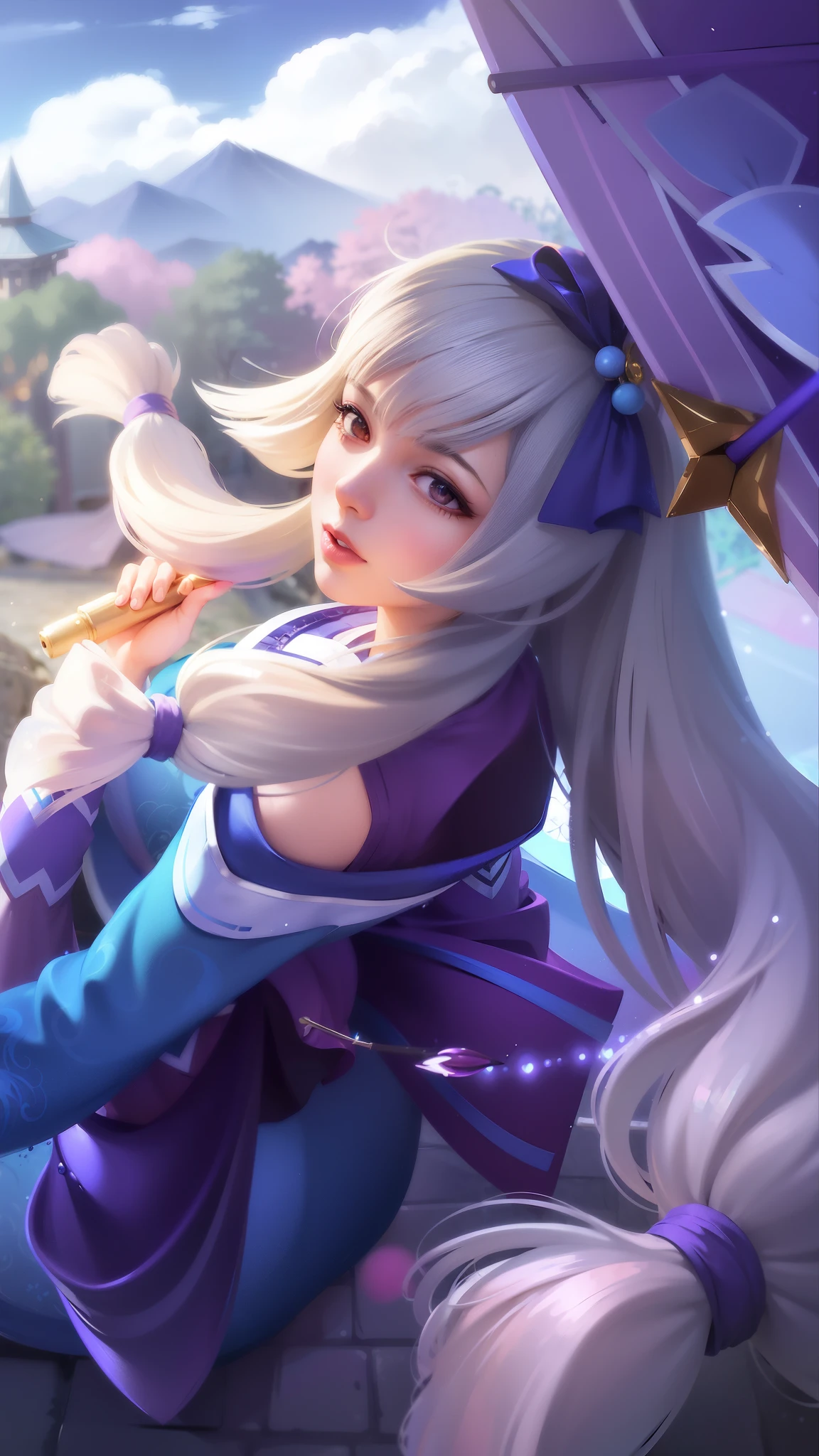 anime girl with long white hair sitting on a rock with a purple umbrella, portrait of ahri, ahri, official splash art, seraphine ahri kda, ashe, splash art, extremely detailed artgerm, onmyoji portrait, artgerm lau, style artgerm, heise jinyao, iconic character splash art, akali