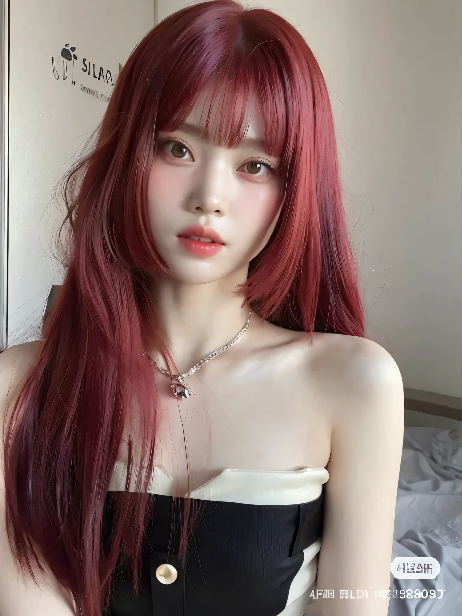 um close up de uma mulher con el pelo largo y rojo usando um vestido preto, ulzzang, pale red, con el pelo largo y rojo, pelo largo con flequillo, pelo largo con flequillo completo, pelo rojo largo y liso, pelo liso rosa, peluca roja, Con cabello rojo,  coreana, Asian girl with long hair, peinado de corte hime blanco, pelo rojo de cintura larga