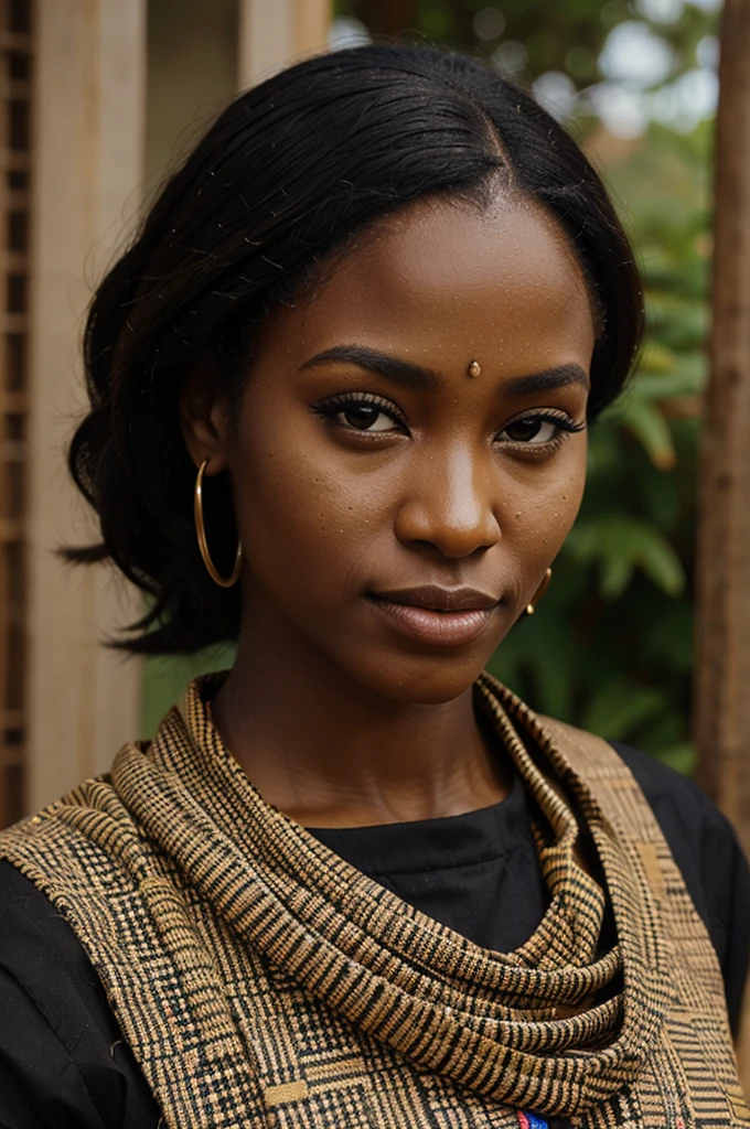 A realistic black woman dressed in a beautiful African attire close up shot 