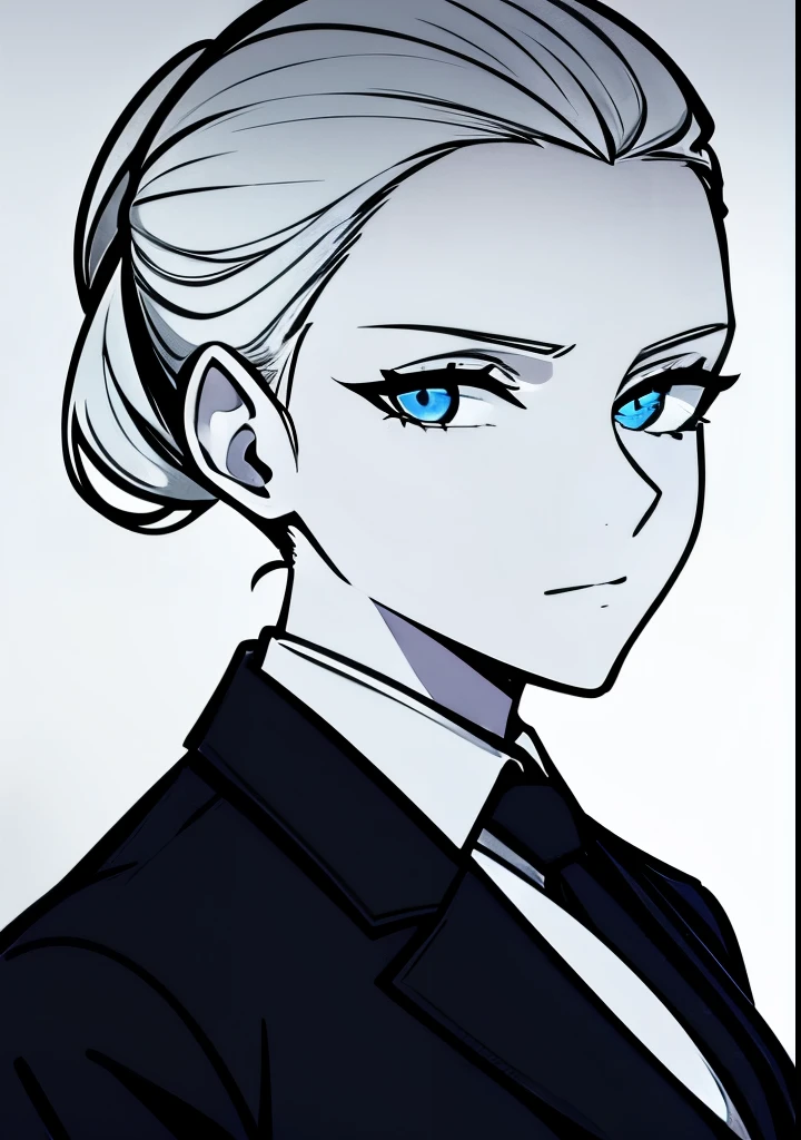 One Young Adult female, pale blonde slicked back into a short ponytail with a single bang on the left hand side, steel blue eyes, light and carefree expression, wearing black suit jacket and tie, portrait style, facing forwards