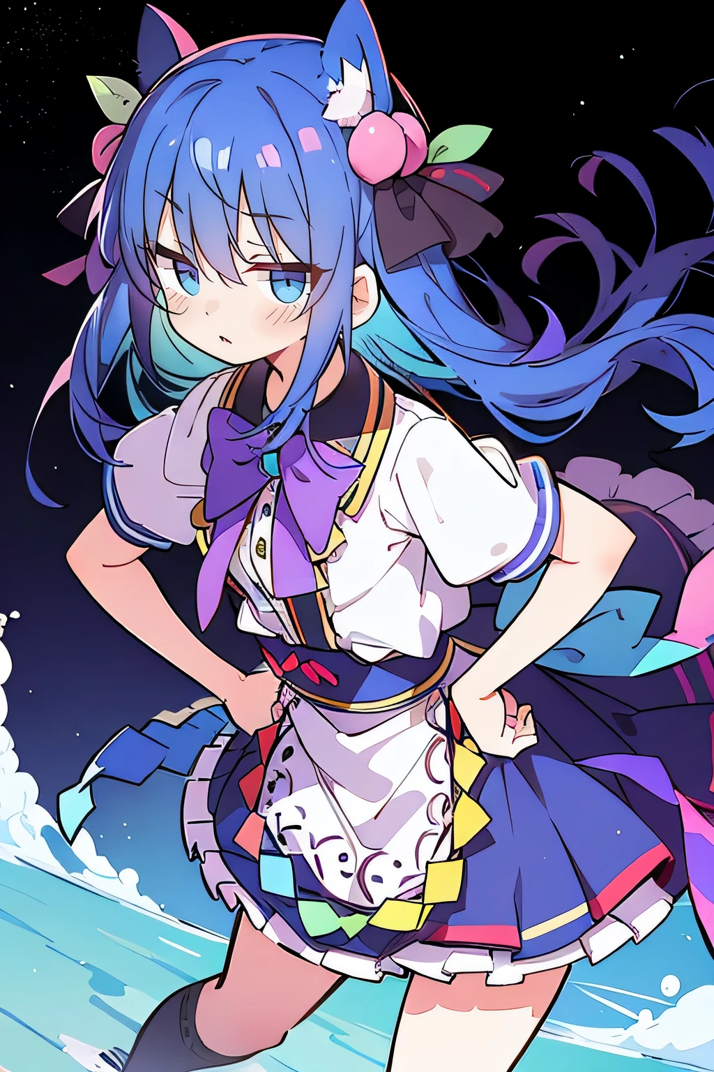 (masterpiece),best quality, expressive eyes, perfect face, 1girl,
Put your hands on your waist,fair, Gorgeous,Japanese cartoons,girl,lola,Hina Angel, blue hair, blue haired, floating clothes,Grab your waist, Grab your waist, hands on hips , hands on hips,sit, sit on ground, Legs on the ground, flat chest,starry sky,