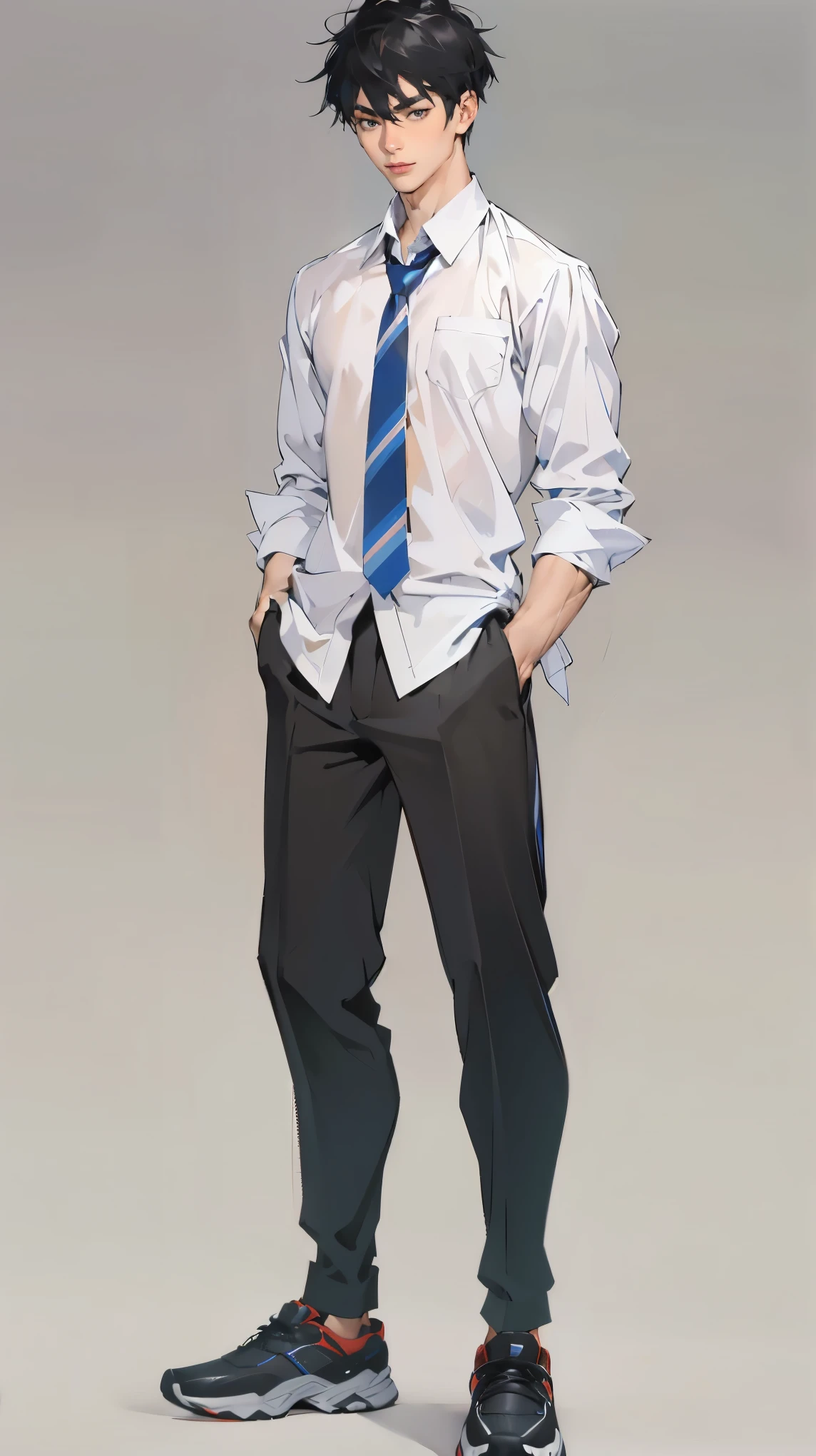 ((best quality,4k,highres,masterpiece:1.2)),((character concept art)), 1 male, age male, Japanese High School Athlete, ((short black hair)), black hair, (fair skin colour), ultra finely detailed eyes (black eyes colour), handsome, athletic, schoolboy, lean muscular body build, ((intricate detail)), super finely detailed hands, ultra finely detailed fingers(((ten fingers))), wearing white short sleeves school shirt, black school pants, black school loafers, (standing confidently), (full body showcase), (show full body), (no logos on background), (no logo), ((plain background)), ((plain background)), (((empty background)))