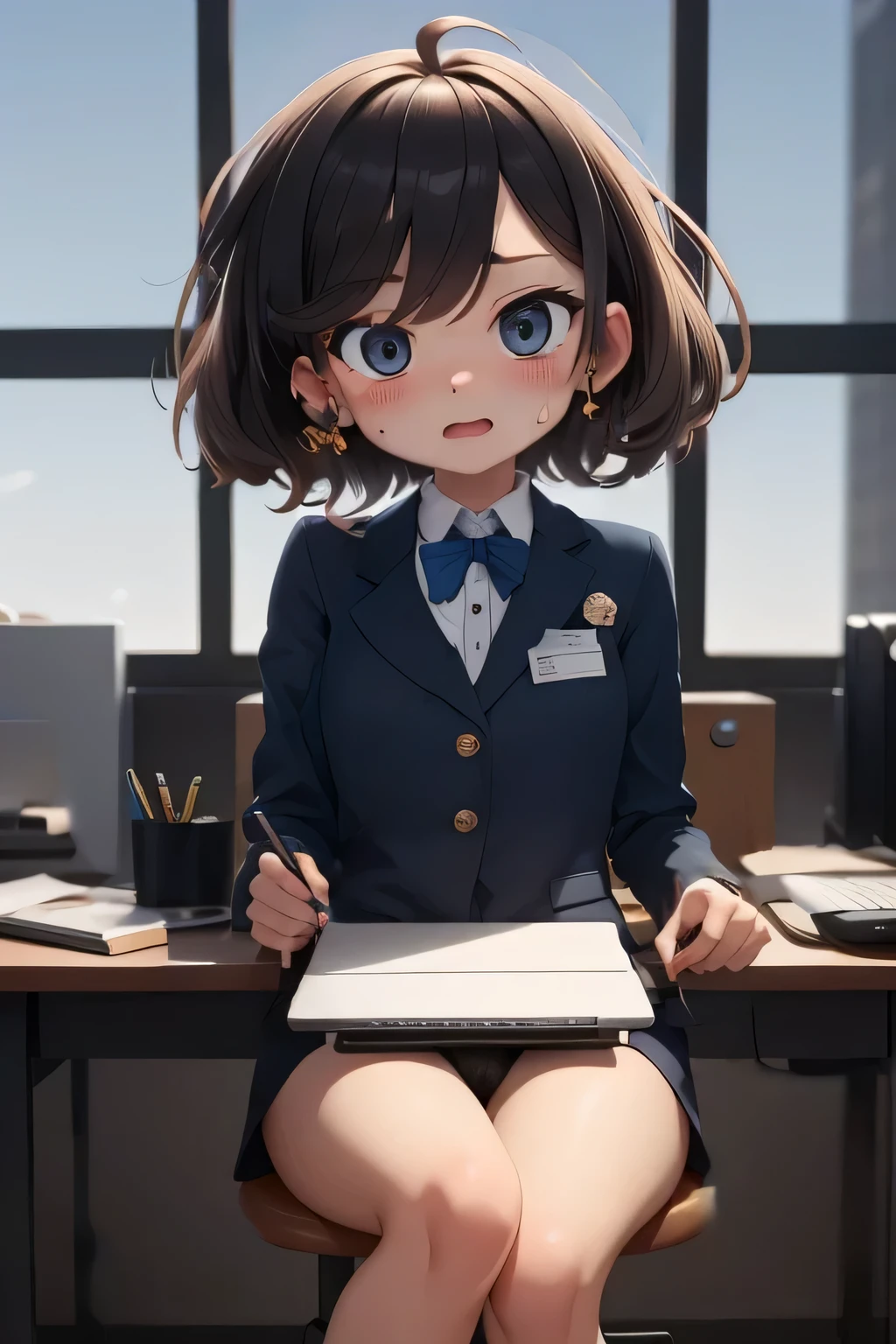 ((Best quality at best)), ((tmasterpiece)), (Detailed pubic hair), the perfect face, cute chibi girl, black hair, writing on a laptop, sitting at a desk, Wearing office clothes, In a sunshine, Under the blurry shade, distressed face, words floating around her, no blushing,