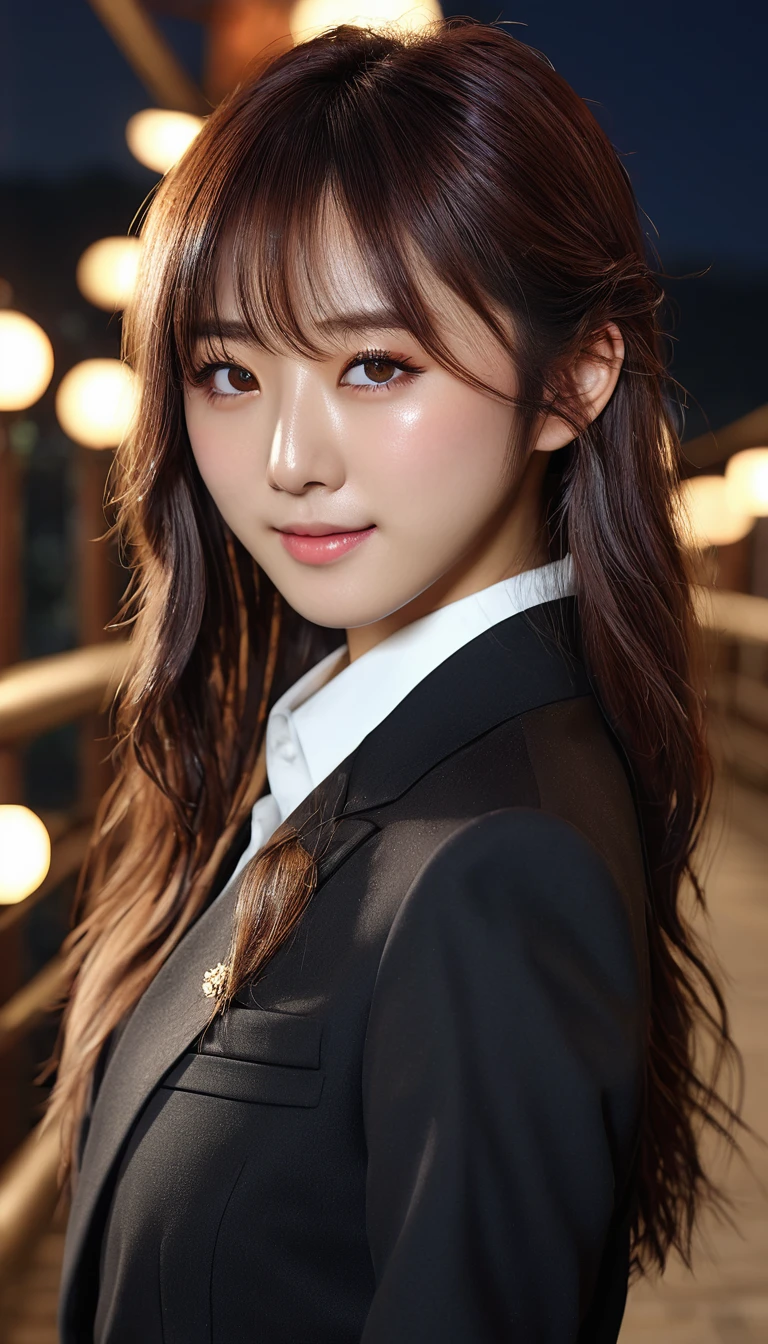masterpiece、1 beautiful girl、detailed eye、puffy eyes、highest quality, 超A high resolution, (reality: 1.4), movie lighting、Japanese、asian beauty、super beautiful、beautiful skin、thin、body turns forward、(超reality的な)、(High resolution)、(8K)、(very detailed)、(beautiful detailed eyes)、(Super detailed)、 (wall-)、detailed face、bright lighting、professional lighting、looking at the viewer、look straight ahead、(The costume is a black business suit.)、long hair, beautiful hair, asymmetrical bangs, 、night view、brown hair、japanese idol、korean idol、fiery idol pose、、21 years old、expensive, smile, Nagasaki City、arched bridge