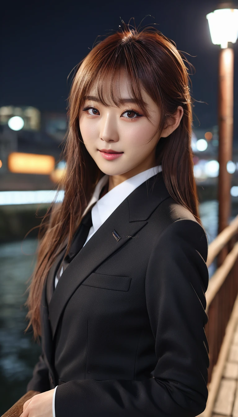 masterpiece、1 beautiful girl、detailed eye、puffy eyes、highest quality, 超A high resolution, (reality: 1.4), movie lighting、Japanese、asian beauty、super beautiful、beautiful skin、thin、body turns forward、(超reality的な)、(High resolution)、(8K)、(very detailed)、(beautiful detailed eyes)、(Super detailed)、 (wall-)、detailed face、bright lighting、professional lighting、looking at the viewer、look straight ahead、(The costume is a black business suit.)、long hair, beautiful hair, asymmetrical bangs, 、night view、brown hair、japanese idol、korean idol、fiery idol pose、、21 years old、expensive, smile, Nagasaki City、arched bridge