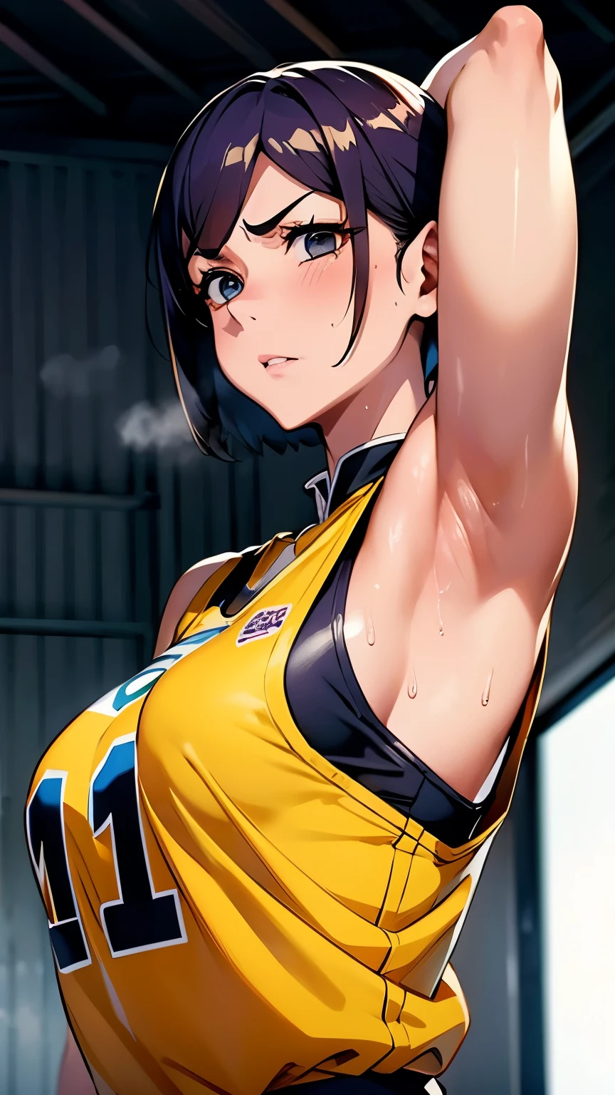 a close up of a person wearing a basketball uniform, a picture, inspired by Kentaro Miura, trending on pixiv, Kugisaki Nobara, Jujutsu Kaisen, wearing yellow nba jersey, yellow croptop nba jersey, wearing a low cut croptop, wearing croptop, croptop, golden raito, (winking), shirobako, large)}], favorite scene, fine details. anime. skins, sweating, big breasts, two hands up, armpits, armpits visible, dripping with sweat, more more sweat