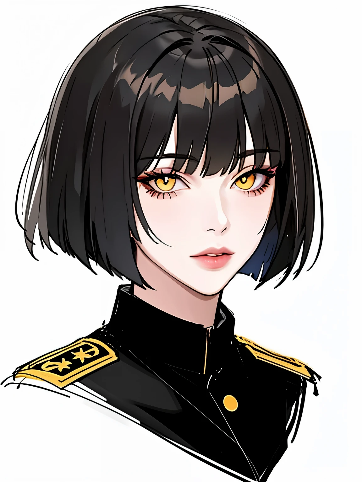 1 girl, villain, yellow eyes, bangs, 鈍いbangs, bob cut, closed mouth, lips, looking at the viewer, portrait, short hair, sketch, solo, black military uniform, portrait,40 years old