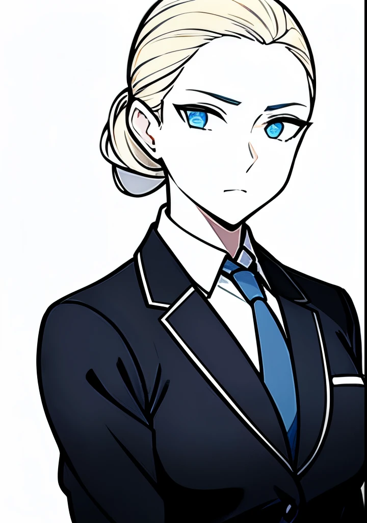 One Young Adult female, pale blonde slicked back into a short ponytail with a single bang on the left hand side, steel blue eyes, light and carefree expression, wearing black suit jacket and tie, portrait style, facing forwards