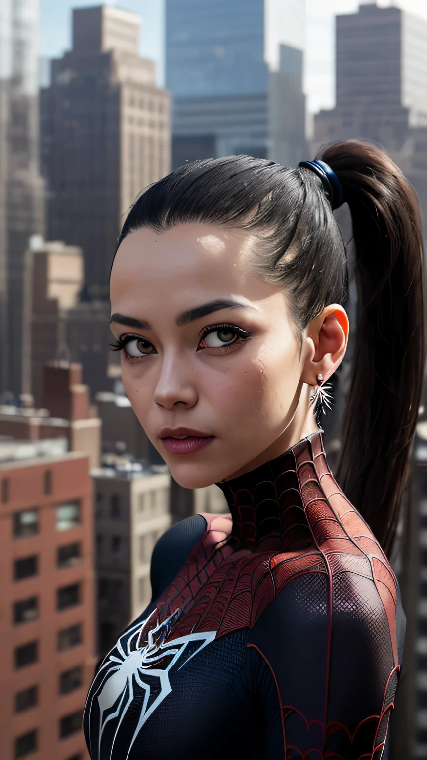 spider suit, spiderweb print, spiderweb, spiderman, masterpiece, absurd, small details, HDR, ((highly detailed face and eyes)), realistic,, focus on the eyes,, A girl standing on the roof of a skyscraper, looking at the viewer,black hair, girl focus,(ponytail), earrings, , new york buildings background,(Pause＿random)