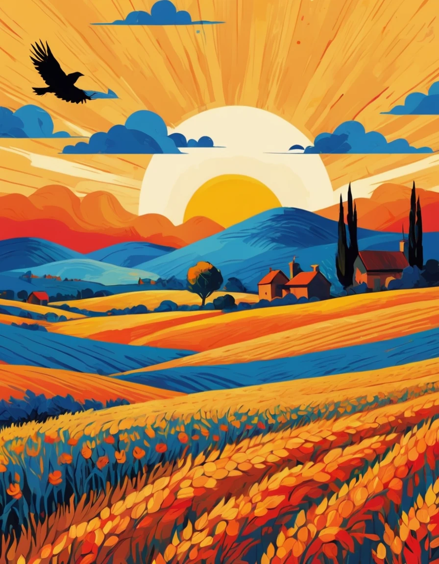 flat vector art, van gogh style, sunset, rural landscape, wheat field, crows, yellow, orange, red, blue, thick paint, strong brushstrokes, vibrant colors, swirling patterns, simple shapes, large sun, crows as accent
