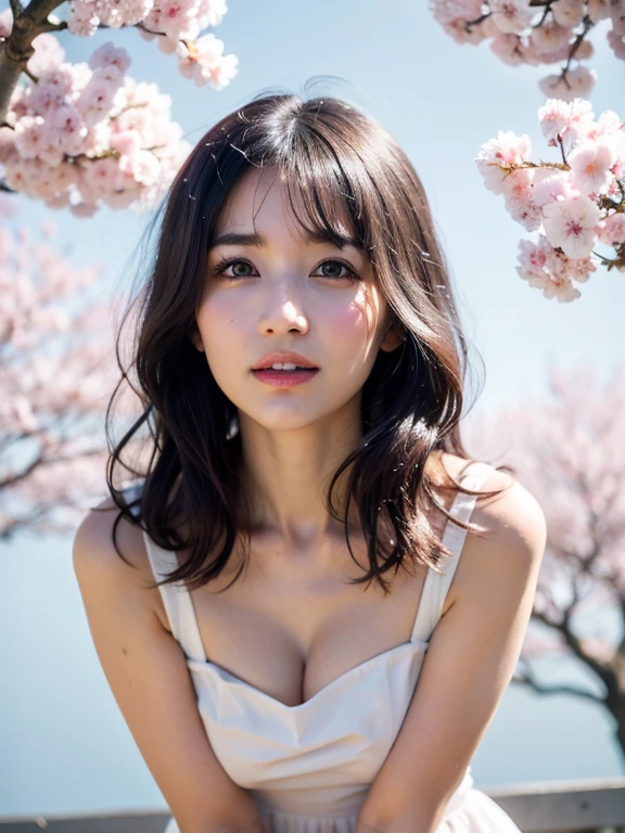 (extra detailed body、extra detailed face、best qualtiy:1.2)、femele、Woman staring at top left、(pink bra、JINS)、(Cherry blossoms on background:1.4)