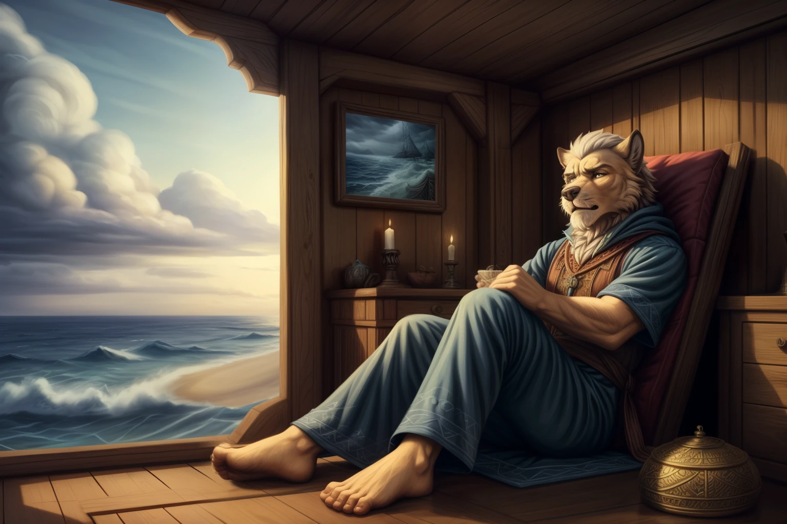 (((Barefoot furry character, full body, cinematic setting, male)))
Masquerading as a man with a reason.
My charade is the event of the season
and if I claim to be a wise man, well
it surely means that I don't know.
On a stormy sea of moving emotion
tossed about I'm like a ship on the ocean.
I set a course for winds of fortune,
but I hear the voices say:
(Carry on my wayward son.)
(There'll be peace when you are done.)
(Lay your weary head to rest.)
(Don't you cry no more.)
BREAK, detailed background, 8K, (masterpiece:1.5), intricate details, highly detailed, extreme detail, octane render, fine art, best quality, highres, (detailed face:1.5), ((full_body)), UHD, (((perfect hands)))