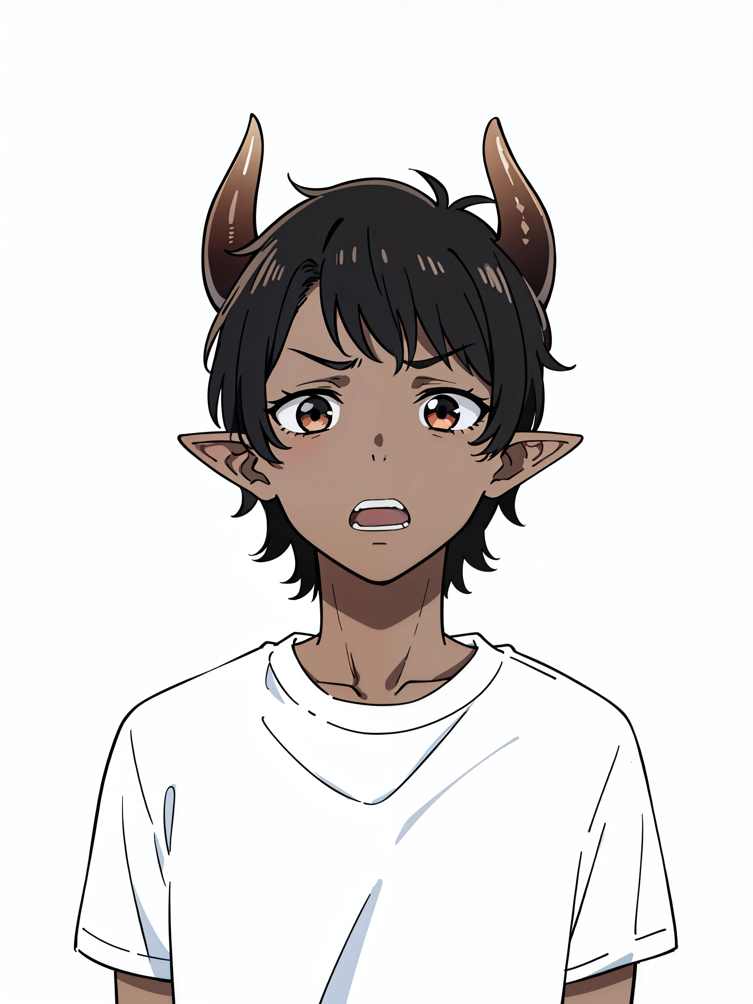 1boy,,solo,scared,sad,((dark skin)),white shirt,short sleeves,black hair,elf ears,(horns),(white background,line drawing),portrait,eyes half closed,open mouth