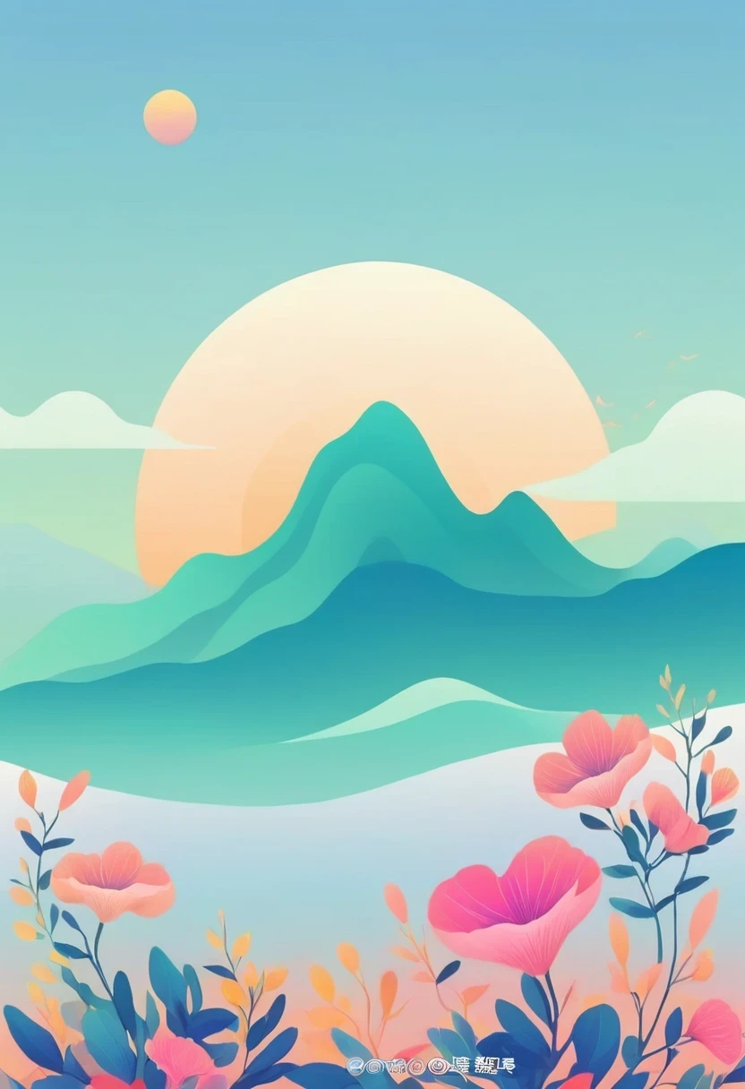 (vector art:1.5),a poster，In the background is a colorful landscape and a mountain, pale gradient design, minimal background, simple background, solid color background, beautiful gradient, iPhone 15 background, Vibrant colors with smooth gradients, Simple background, Simple and clean illustration, 4k high definition illustration wallpaper, poster background, by Cheng Jiasui, abstract scene design