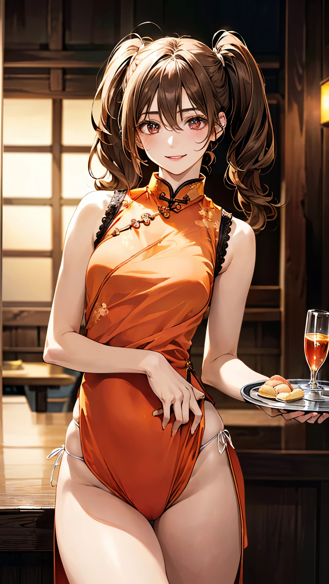 (masterpiece:1.3, top-quality, ultra high res, ultra detailed), (realistic, photorealistic:1.4), beautiful illustration, perfect lighting, natural lighting, colorful, depth of fields, nfsw, 
looking at viewer, 1 girl, japanese, 16 years old, 7 headed body, perfect face, (perfect anatomy), cute and symmetrical face, baby face, shiny skin, (Ideal ratio body proportions), 
(middle hair:1.5, twintails:1.2, light brown hair), hair between eyes, big eyes, red eyes, long eye lasher, (large breasts:1.2, seductive thighs), slender, small buttocks, skinny legs, 
beautiful hair, beautiful face, beautiful detailed eyes, beautiful clavicle, beautiful body, beautiful chest, beautiful thigh, beautiful legs, beautiful fingers, 
((sleeveless orange micro mini cheongsam, slit at waist)), string panties, high heels, 
(beautiful scenery), evening, (bar counter), walking, (put a tray on the hands), (smile:1.5, happiness), 