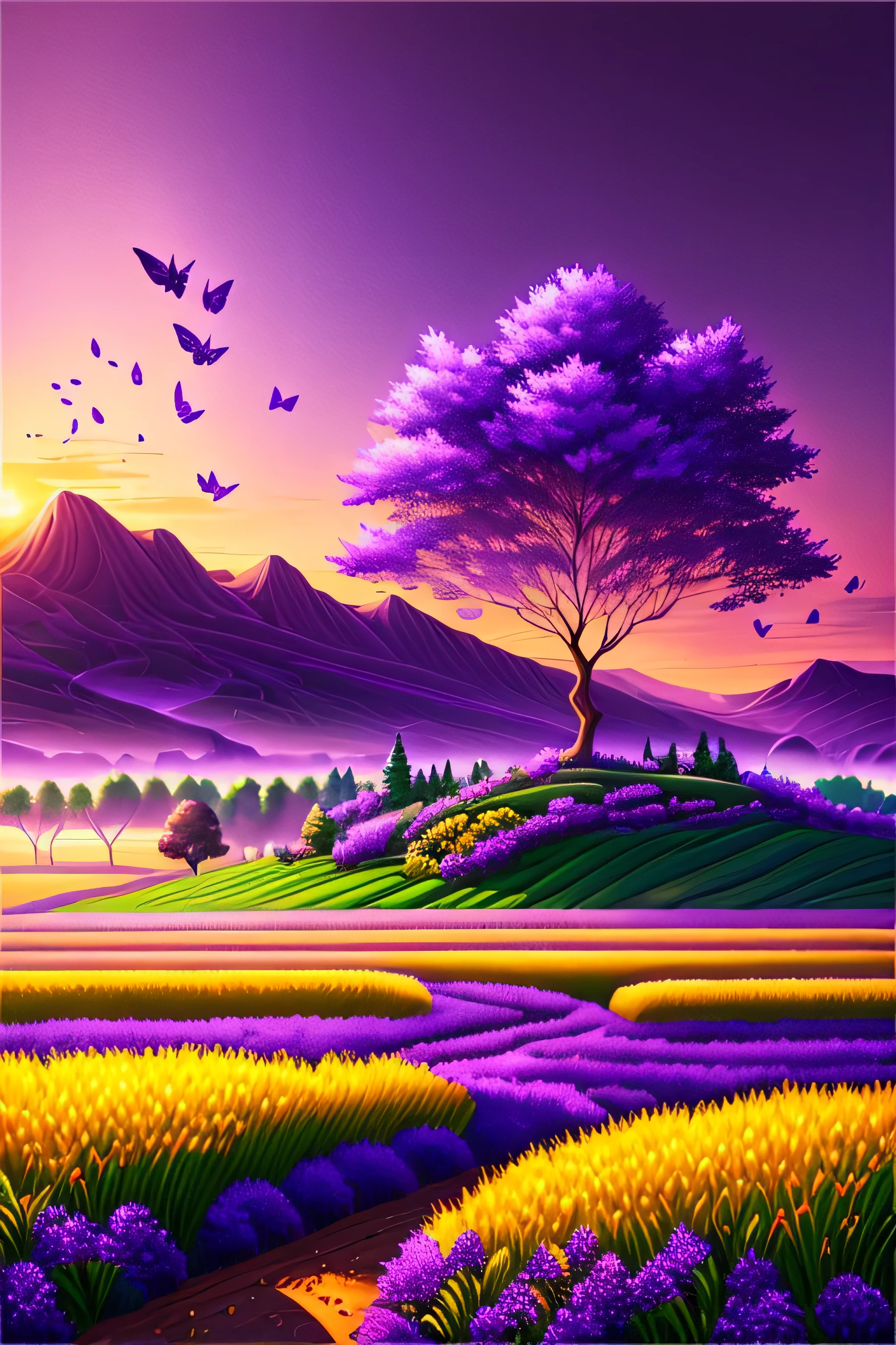 (best quality,4k,8k,highres,masterpiece:1.2),ultra-detailed,(realistic,photorealistic,photo-realistic:1.37),money farming,purple background,farmscape,abundant harvest,majestic scenery,wealthy plantation,prosperous fields,abundant resources,agricultural prosperity,lush vegetation,luxurious crops,colorful flowers,grandeur landscape,purple hues,serene atmosphere,soft lighting,harvested wheat fields,glowing sunset,purple sunset sky,shadowy mountains,purple clouds,reflecting pond,varied shades of purple,dotted with money trees,leafy foliage,money banknotes,bountiful vegetation,cascading waterfall,shimmering water,misty purple mist,sparkling gems,overflowing treasure chests,prosperity and wealth,vibrant purple orchids,peaceful farmland,serene beauty,majestic purple towers,flourishing farmland,money coins scattered around,shiny gold bars,opulent luxury,purple firework display,money growing on trees,purple mist enveloping the fields,prosperous life,powerful symbol of prosperity。