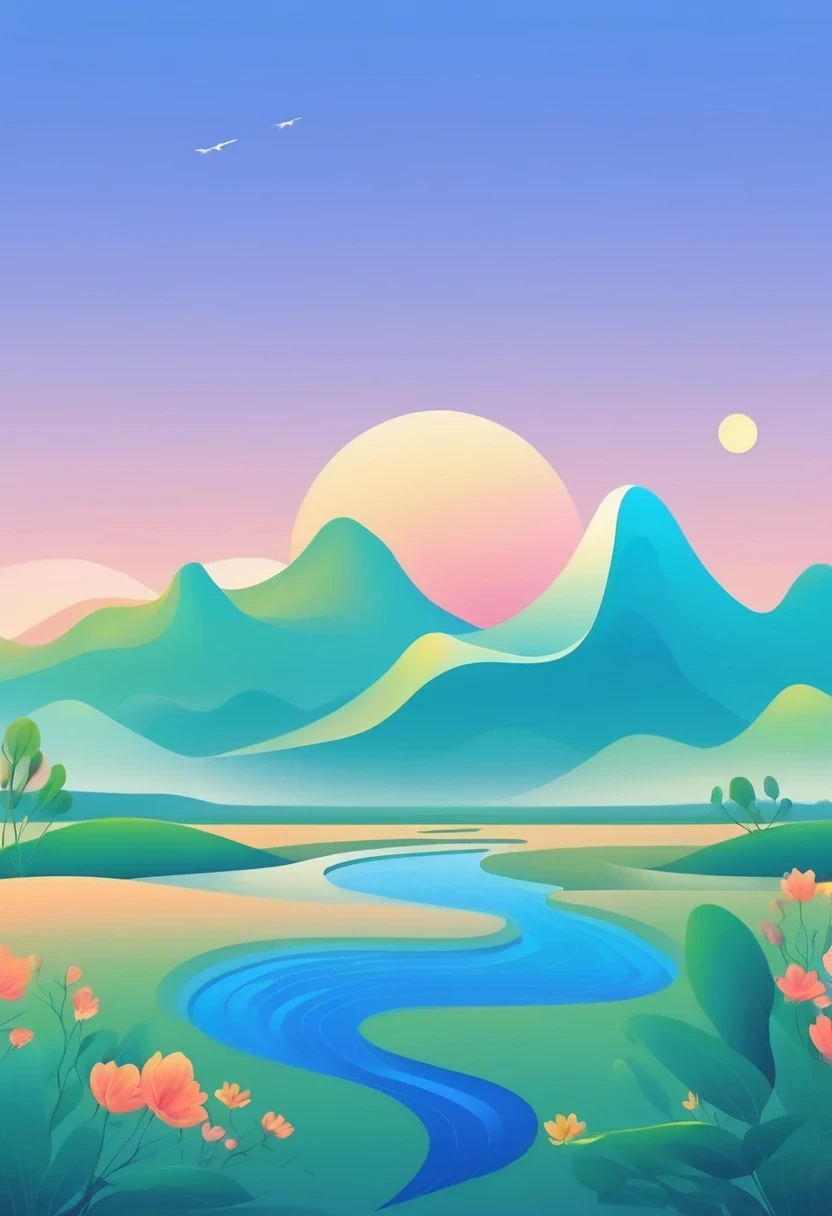 (vector art:1.5),a poster，In the background is a colorful landscape and a mountain, pale gradient design, minimal background, simple background, solid color background, beautiful gradient, iPhone 15 background, Vibrant colors with smooth gradients, Simple background, Simple and clean illustration, 4k high definition illustration wallpaper, poster background, by Cheng Jiasui, abstract scene design