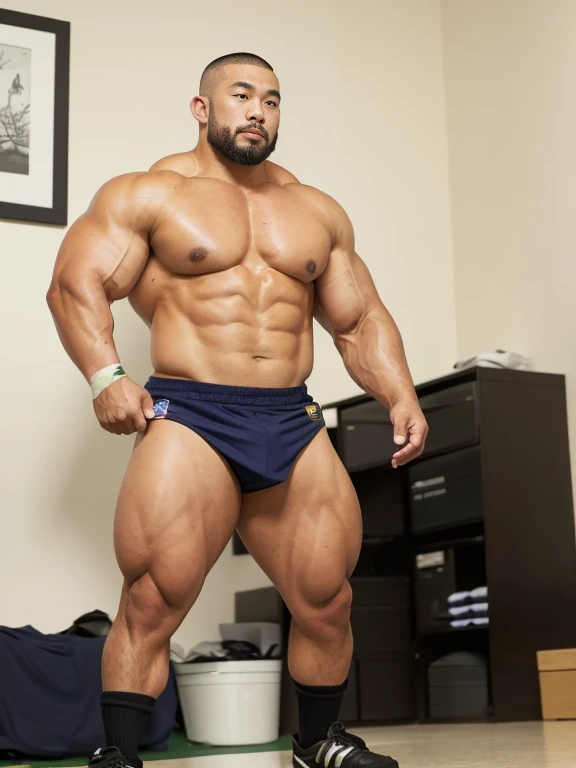 inside club locker room, facing each other, (rugby uniform:1.2), Japanese man, Chinese man, Korean man, Taiwanese man, manly face, round face, monolid eyes, (buzz cut:1.4), very large and strong body, bulging muscles, very large pectoral muscles, muscular arms, muscular abs, muscular legs, muscular back, brightens oily skin, master piece, realistic, panorama, distant view