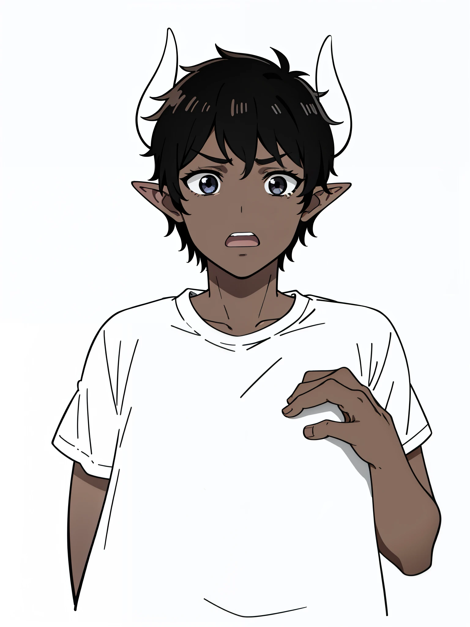 1boy,8 years old,solo,scared,sad,((dark skin)),white shirt,short sleeves,black hair,elf ears,(horns),(white background,line drawing),portrait,open mouth