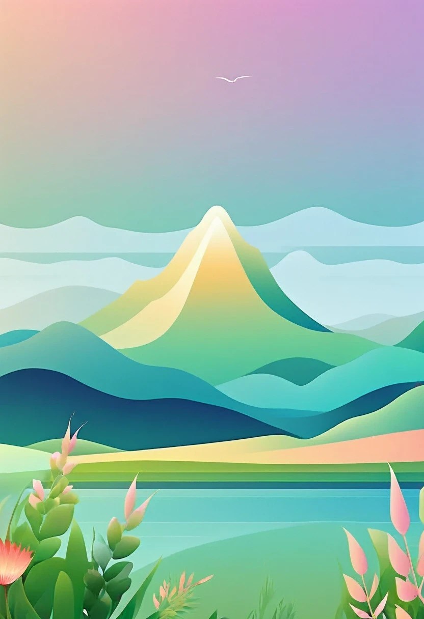 (vector art:1.5),a poster,In the background is a colorful landscape and a mountain, pale gradient design, minimal background, simple background, solid color background, beautiful gradient, iPhone 15 background, Vibrant colors with smooth gradients, Simple background, Simple and clean illustration, 4k high definition illustration wallpaper, poster background, by Cheng Jiasui, abstract scene design