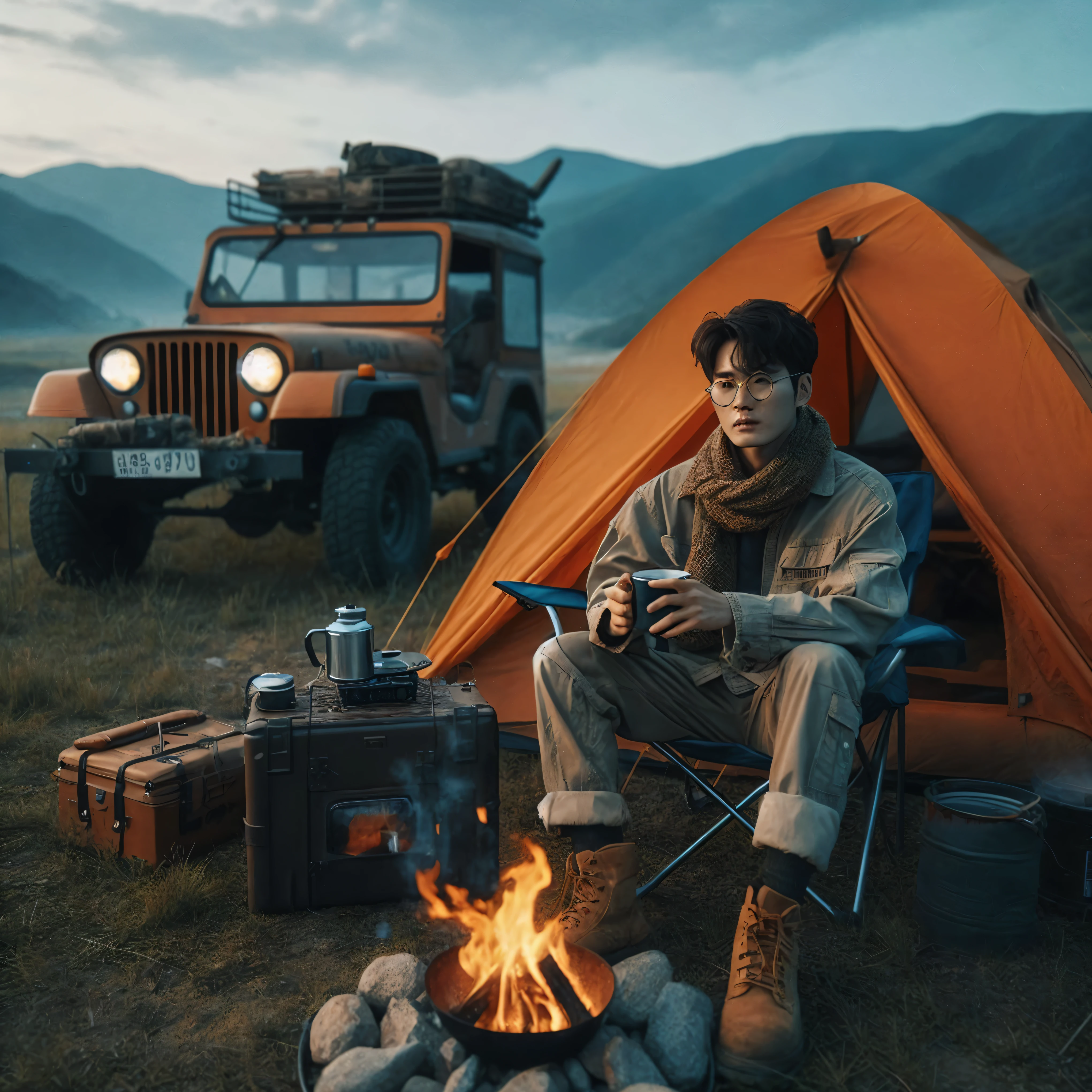 there is a man sitting next to a campfire with a jeep in the background, camping, cinematic luts, adventure hyper realistic render, by Ni Yuanlu, cinematic. by leng jun, travel and adventure, adventuring gear, he is at camp, adventure gear, best on adobe stock, cai xukun, by Emma Andijewska, by Yang J