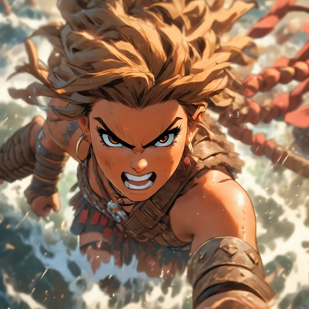 Fantasy cartoon artistic image of hyper realistic. highly detailed bird's eye view shot of a barbarian warrior female coming out of water.