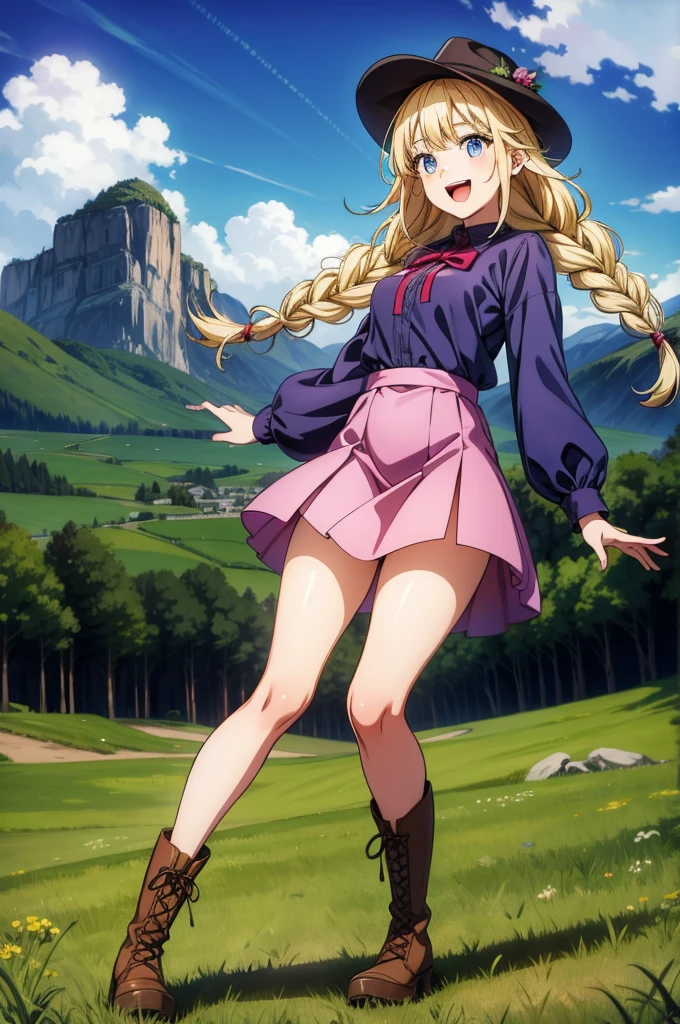 a young girl in purple dress smiling in front of green field with mountain in background, 1girl, solo, outdoors, yellow skirt, blue eyes, braid, skirt, night, blonde hair, smile, long hair, grass, twin braids, sky, boots, hat, open mouth, brown footwear, looking at viewer, long sleeves, :d, tree, lace-up boots, breasts