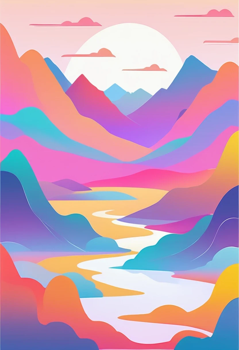 (vector art:1.5),a poster,In the background is a colorful landscape and a mountain, pale gradient design, minimal background, simple background, solid color background, beautiful gradient, iPhone 15 background, Vibrant colors with smooth gradients, Simple background, Simple and clean illustration, 4k high definition illustration wallpaper, poster background, by Cheng Jiasui, abstract scene design