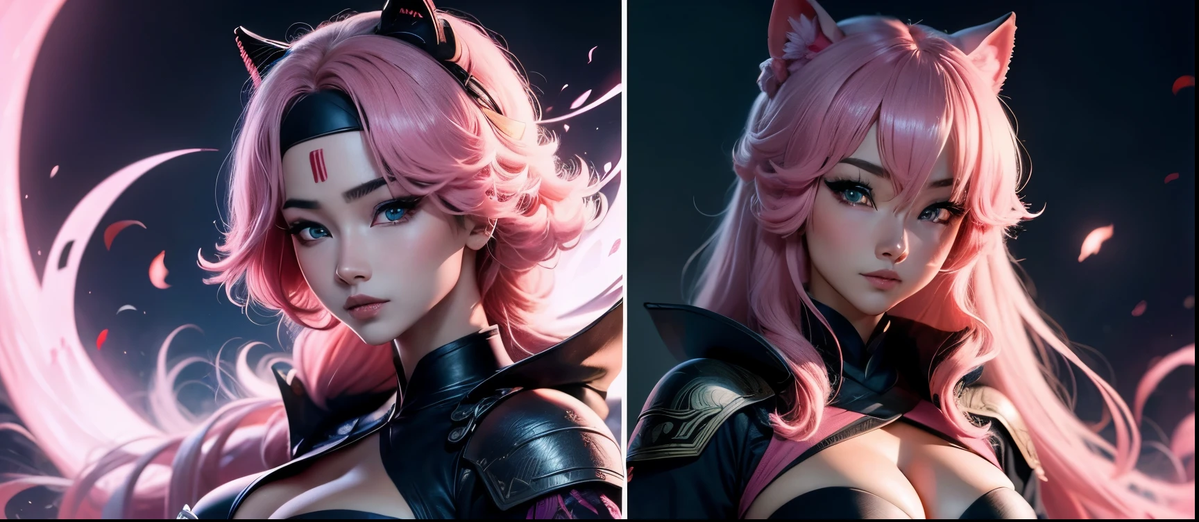 Feudal imperial Japanese anime scene at night, Ninja Scenario, Personagem: Ninja Mulher nos telhados, Cabelos longos, ((Cor do cabelo rosa)), (Personagem feminina perfeita), (Simetria da Personagem perfeita), (Corpo da Personagem feminina delicado), (Rosto Perfeito), (Simetria dos Olhos Perfeitos), (Corpo Inteiro), 4k, UHD, Perfect stage lighting, estilo anime