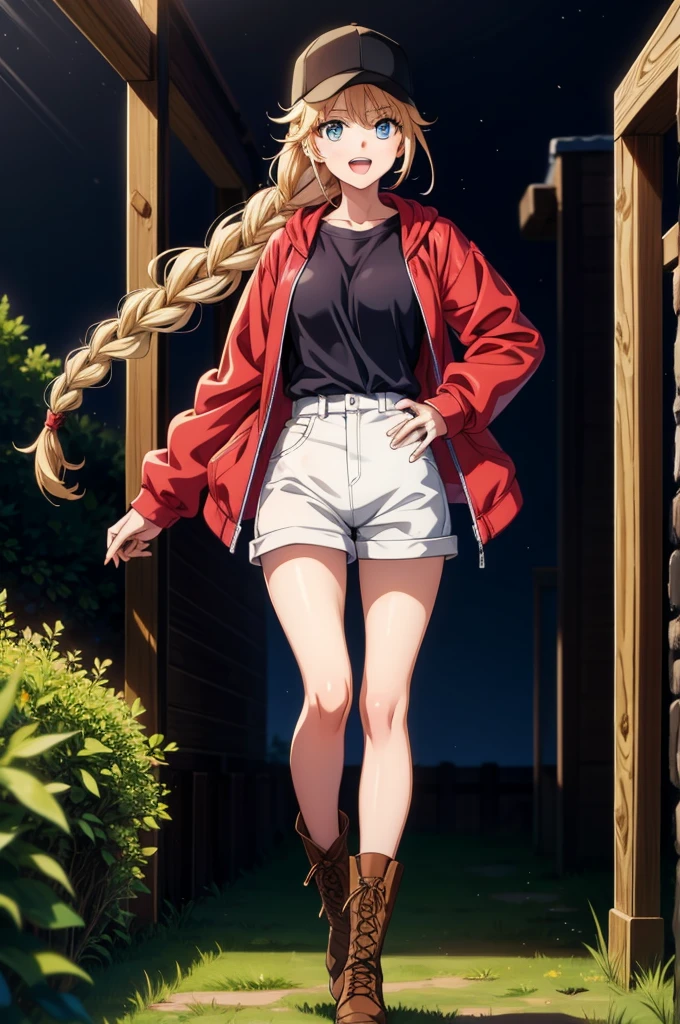 we are looking at a female warrior being shown in a scene of a game, 1girl, solo, long hair, blonde hair, braid, smile, blue eyes, pantyhose, white shirt, boots, looking at viewer, shirt, brown footwear, long sleeves, white pantyhose, shorts, breasts, twin braids, jacket, outdoors, open mouth, red jacket, :d, open clothes, standing, night, full body,baseball cap,