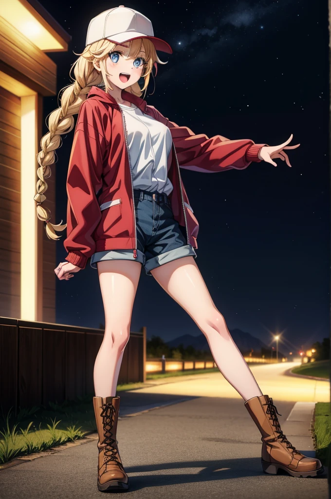 we are looking at a female warrior being shown in a scene of a game, 1girl, solo, long hair, blonde hair, braid, smile, blue eyes, pantyhose, white shirt, boots, looking at viewer, shirt, brown footwear, long sleeves, white pantyhose, shorts, breasts, twin braids, jacket, outdoors, open mouth, red jacket, :d, open clothes, standing, night, full body,baseball cap,