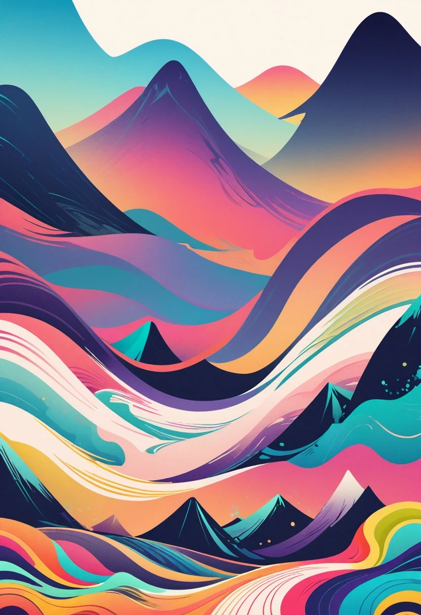 (vector art:1.5),a poster,In the background is a colorful landscape and a mountain, pale gradient design, minimal background, simple background, solid color background, beautiful gradient, iPhone 15 background, Vibrant colors with smooth gradients, Simple background, Simple and clean illustration, 4k high definition illustration wallpaper, poster background, by Cheng Jiasui, abstract scene design