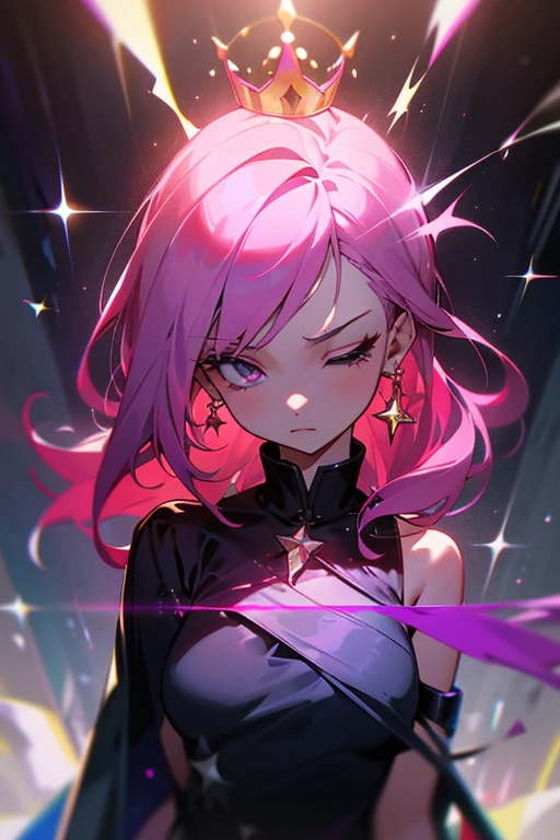 In the middle of a deserted alley, A lone girl stands against a brick wall covered in graffiti., Bathed in dim light at night. she is long, Pink hair cascaded down her shoulders., One eye closed as she looked straight at the viewer with a piercing gaze.. Her eyes., lively purple, It seemed to sparkle like a star., Especially the neon lights reflecting off the red crown perched on her head.. Her ears sparkled with silver earrings., And her keen vision emphasizes every detail of her surroundings..

Masterpiece (1.5) Come to life with this original, ultra-high definition 8K photograph., with intricate details and