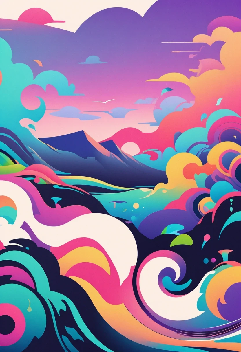 (vector art:1.5),a poster,In the background is a colorful landscape and a mountain, pale gradient design, minimal background, simple background, solid color background, beautiful gradient, iPhone 15 background, Vibrant colors with smooth gradients, Simple background, Simple and clean illustration, 4k high definition illustration wallpaper, poster background, by Cheng Jiasui, abstract scene design