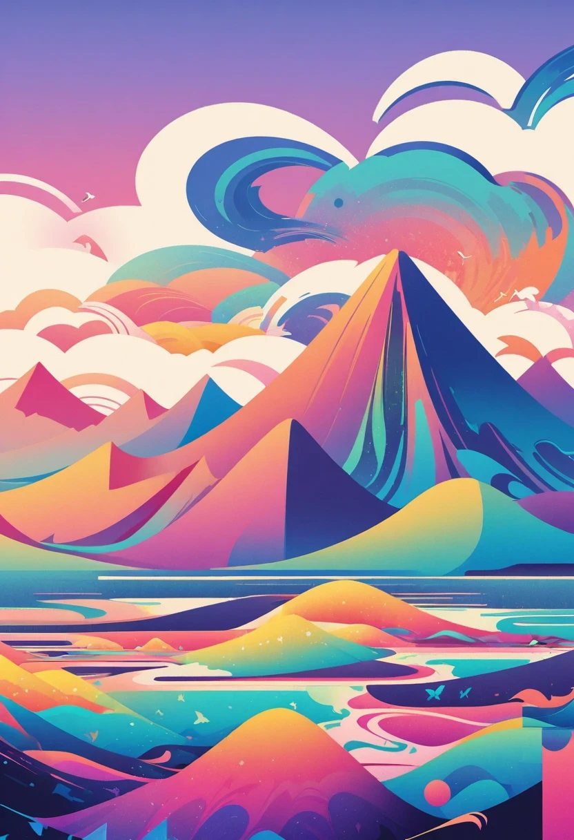 (vector art:1.5),a poster，In the background is a colorful landscape and a mountain, pale gradient design, minimal background, simple background, solid color background, beautiful gradient, iPhone 15 background, Vibrant colors with smooth gradients, Simple background, Simple and clean illustration, 4k high definition illustration wallpaper, poster background, by Cheng Jiasui, abstract scene design