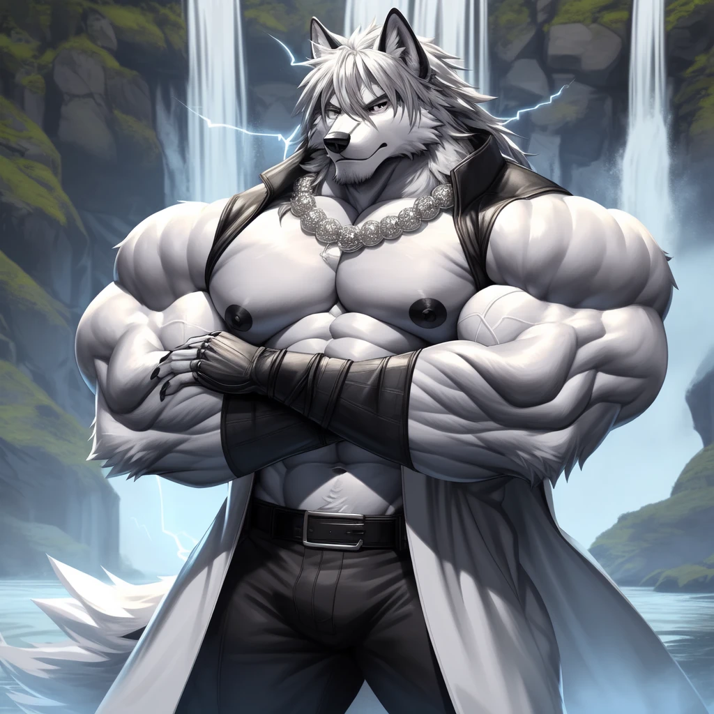 (upload on e621) (Masterpiece) (by Drks) (best quality) (ultra high res) 4K (8k HD) 2D (perfect anatomy) (digital art) (official art) (extreme detailed) (ultra detailed) (strapsanime) color (soft shading) (sharp focus) (waterfall background) 1man silver body fur silver belly detailed fluffy fur (ultra detailed face) detailed eyes detailed iris eyes detailed silver eyes (white sclera) black pupils big navel abs bare pectoral (((huge black shiny nipples))) black claw nails furry wolf male mature male silver giant bulky muscular body fur giant size canid (((huge muscles))) (((hyper muscles))) huge pecs (((oversize pecs))) huge biceps (((giant biceps))) (((fullbody))) canine canis mammal powerful wolf god wolf male calm cool collected demeanor face badass wolf anthro solo standing (((wearing silver full complete sleeveless long trench coat jacket))) (((silver longest length hair))) (((silver longest length back fur hair))) (((silver longest length hair fur front lay on pecs))) (((perfect fingers))) (((five fingers))) dark black hands and fingers (((wearing silver fingerless gloves))) (((silver arm bands on his biceps))), (((three silver arm bands on his forearms))) (((dark black huge bead necklaces))) (((dark black huge longer bead necklaces around neck to pecs))) (((silver long wolf tail))) (((black long pants with silver lines with belt straps on both legs))) (((silver electricity and wind aura flow entire body)))(((crossed arm pose)))