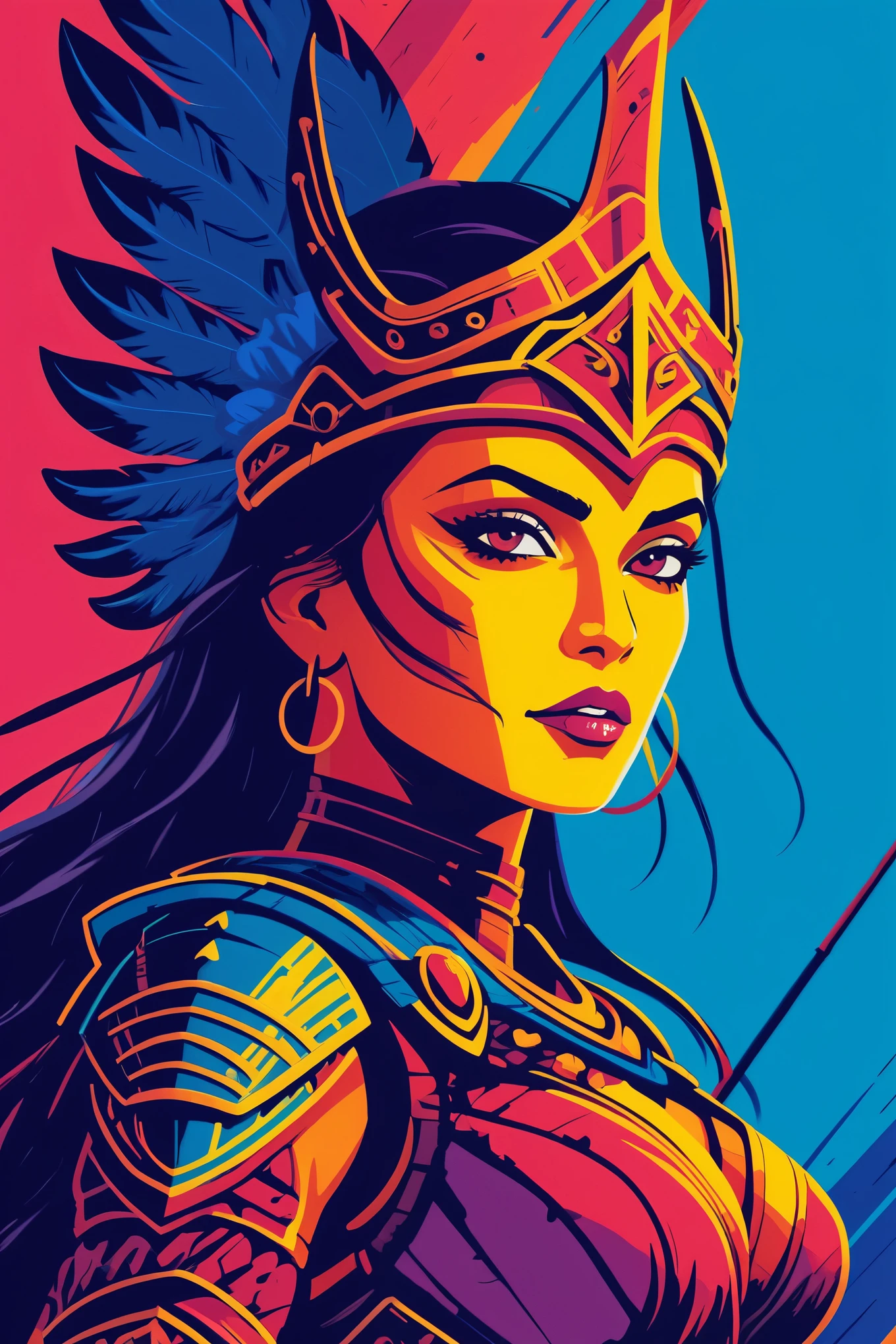 Amazon woman warrior, digital artwork, bold lines, vibrant, saturated colors 