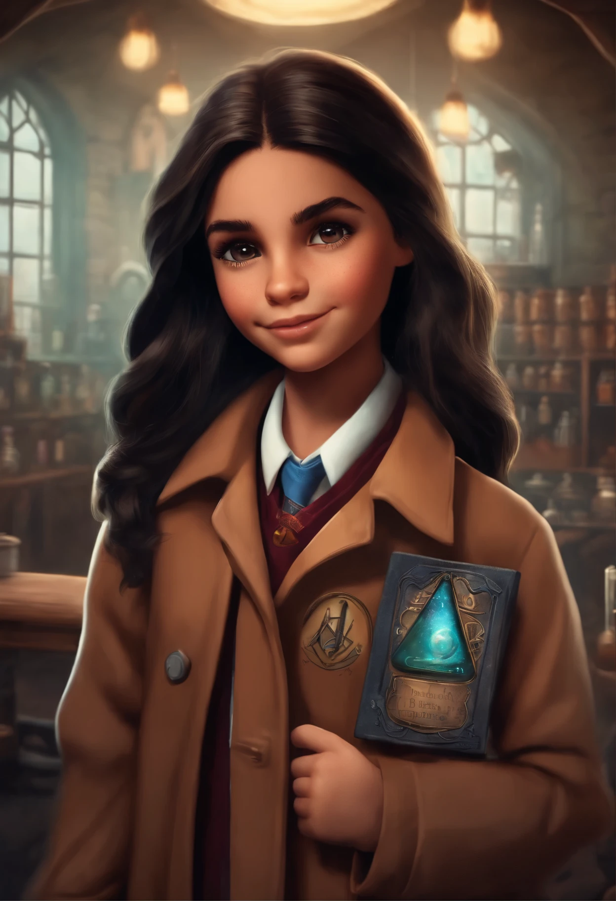 image inspired by pixar cartoon cute brown  with 5 years old long straight black hair brown eyes with harry potter tattoo on hand wearing chemistry coat and badges with the name BIANCA with little photo and laboratory background 