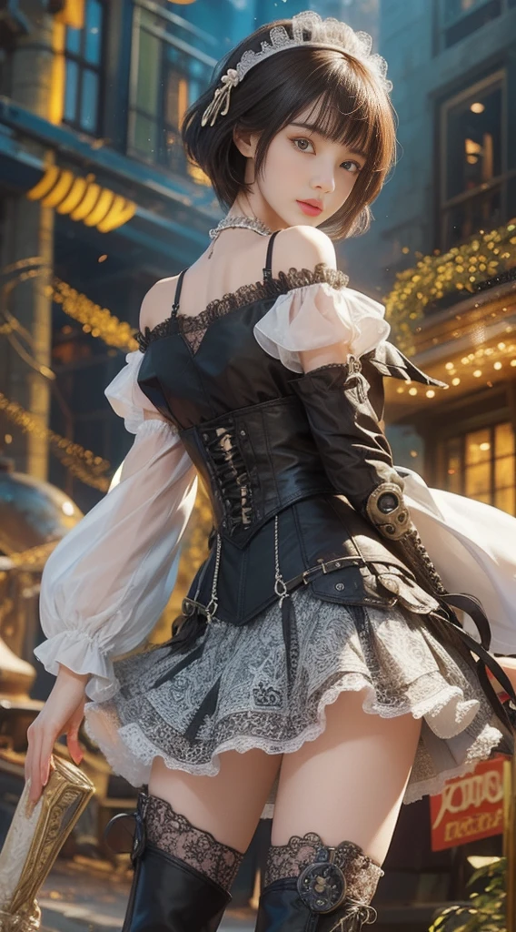 (((Masterpiece))), (((top quality))), (((super detailed))), Combat action poses, One female, (((Very Slender body))), 18 years old, (((short black bob, thick puffy bangs))), cosmetics-free, small thin nose, small thin-lipped mouth, (((very sharp focused eyes))), large slit precision pale grey eyes, sparkling like jewels, Long eyelashes, ((Very intricate mechanical steampunk fashion, Off-shoulder gothic fashion, Lace and ruffle mini skirt, Excessively decorative fashion)), (((The night an abandoned, intricately mechanized steampunk factory burns and explodes))), (((overall accuracy has improved dramatically, creating a super detailed and realistic image))).